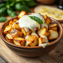 A delectable dish featuring soft and flavorful paneer cubes beautifully topped with a generous layer of gooey melted mozzarella cheese