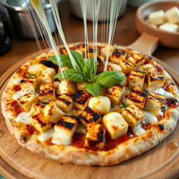 A delicious pizza featuring soft and flavorful paneer cubes artistically arranged on a golden-brown crust