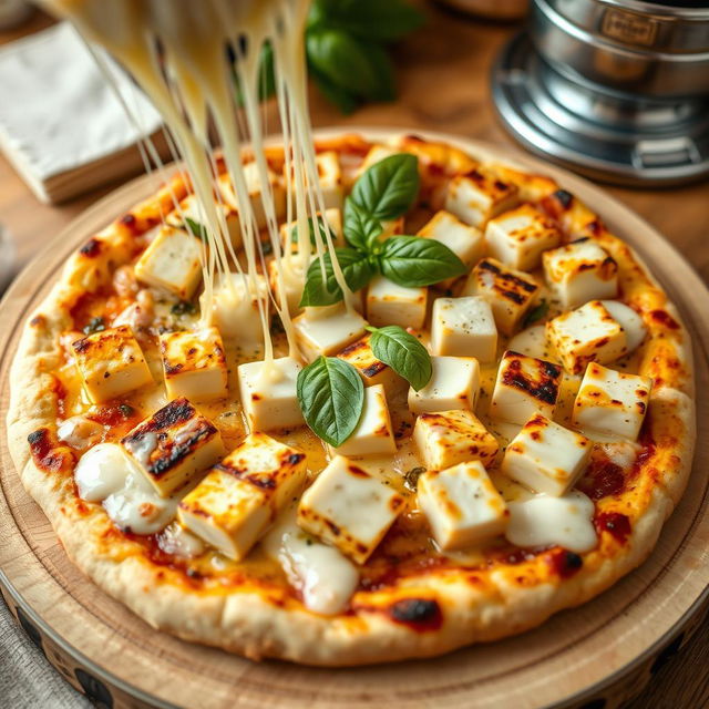 A delicious pizza featuring soft and flavorful paneer cubes artistically arranged on a golden-brown crust
