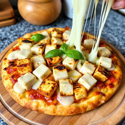 A delicious pizza featuring soft and flavorful paneer cubes artistically arranged on a golden-brown crust