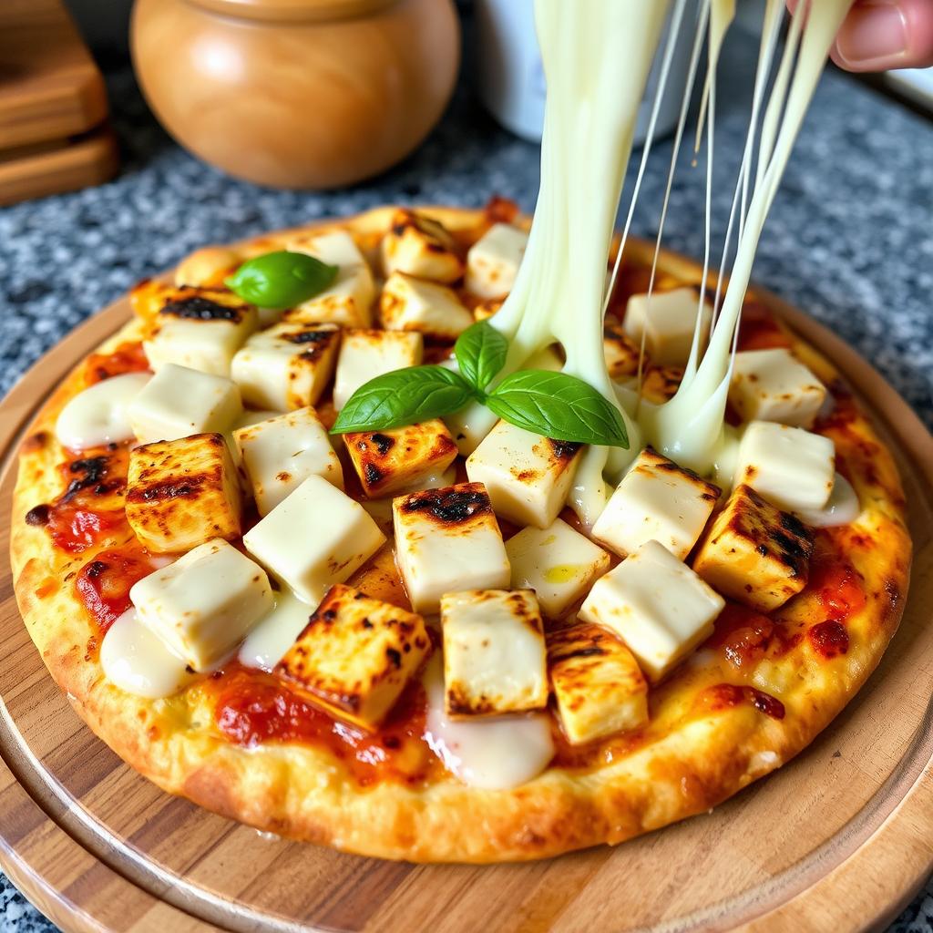 A delicious pizza featuring soft and flavorful paneer cubes artistically arranged on a golden-brown crust