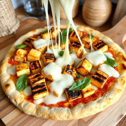 A delicious pizza featuring soft and flavorful paneer cubes artistically arranged on a golden-brown crust