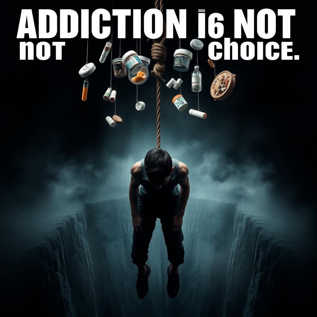A powerful image depicting the theme "Addiction is not our choice"
