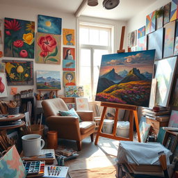 A cluttered artist's studio filled with vibrant paintings and various art supplies