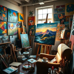 A cluttered artist's studio filled with vibrant paintings and various art supplies