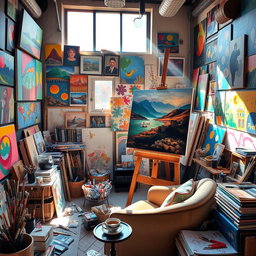 A cluttered artist's studio filled with vibrant paintings and various art supplies