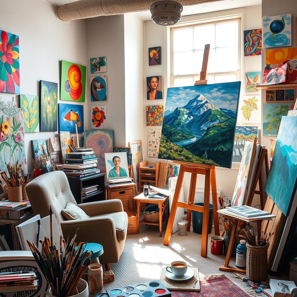 A cluttered artist's studio filled with vibrant paintings and various art supplies