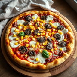 A hyper-realistic pizza featuring a golden-brown crust topped with a generous layer of melted mozzarella cheese