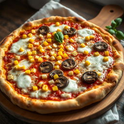 A hyper-realistic pizza featuring a golden-brown crust topped with a generous layer of melted mozzarella cheese