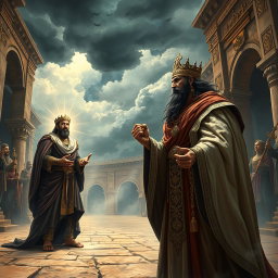 A dramatic scene depicting King Namrud, a powerful ruler, standing in disbelief with clenched fists as he gazes at the prophet Ibrahim, who is unharmed