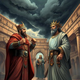 A dramatic scene depicting King Namrud, a powerful ruler, standing in disbelief with clenched fists as he gazes at the prophet Ibrahim, who is unharmed