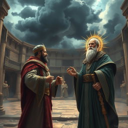 A dramatic scene depicting King Namrud, a powerful ruler, standing in disbelief with clenched fists as he gazes at the prophet Ibrahim, who is unharmed