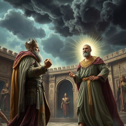 A dramatic scene depicting King Namrud, a powerful ruler, standing in disbelief with clenched fists as he gazes at the prophet Ibrahim, who is unharmed
