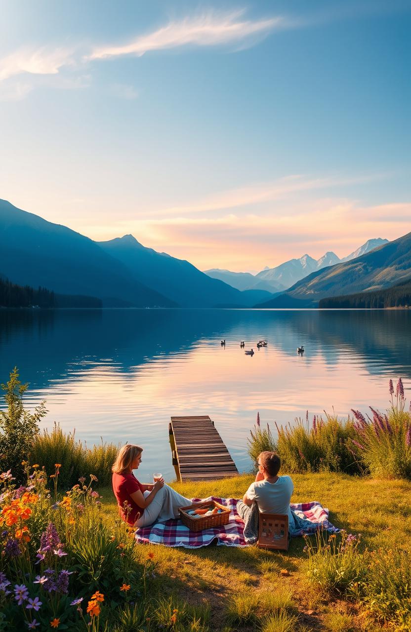 A serene landscape depicting a tranquil lake surrounded by majestic mountains under a clear blue sky