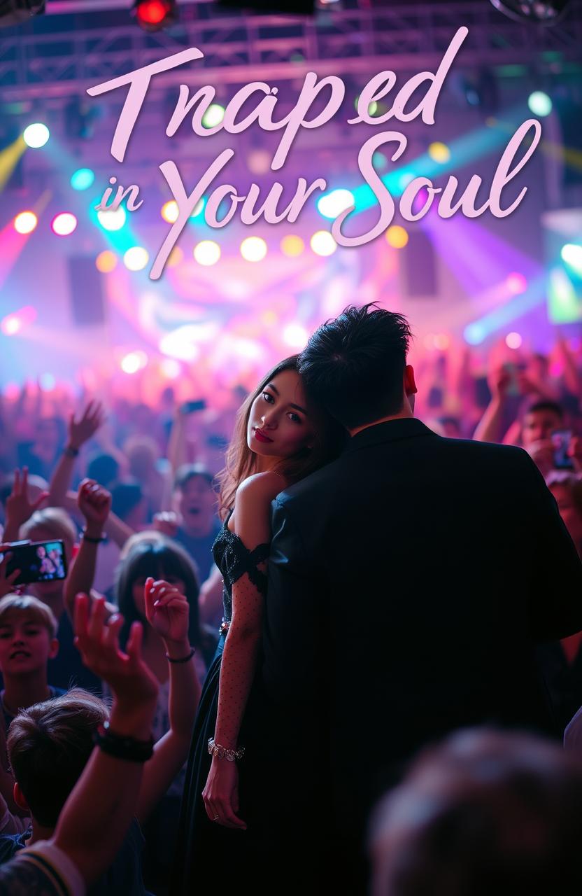 A vibrant concert scene filled with a lively crowd, featuring a girl in an elegant black outfit leaning on the shoulder of a guy who is wearing a stylish black ensemble