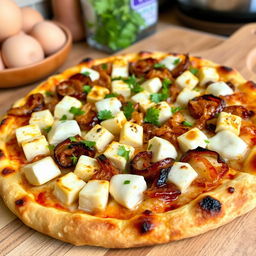 A delicious pizza showcasing a perfect combination of soft paneer cubes and crunchy, caramelized onions, all generously topped with gooey mozzarella cheese