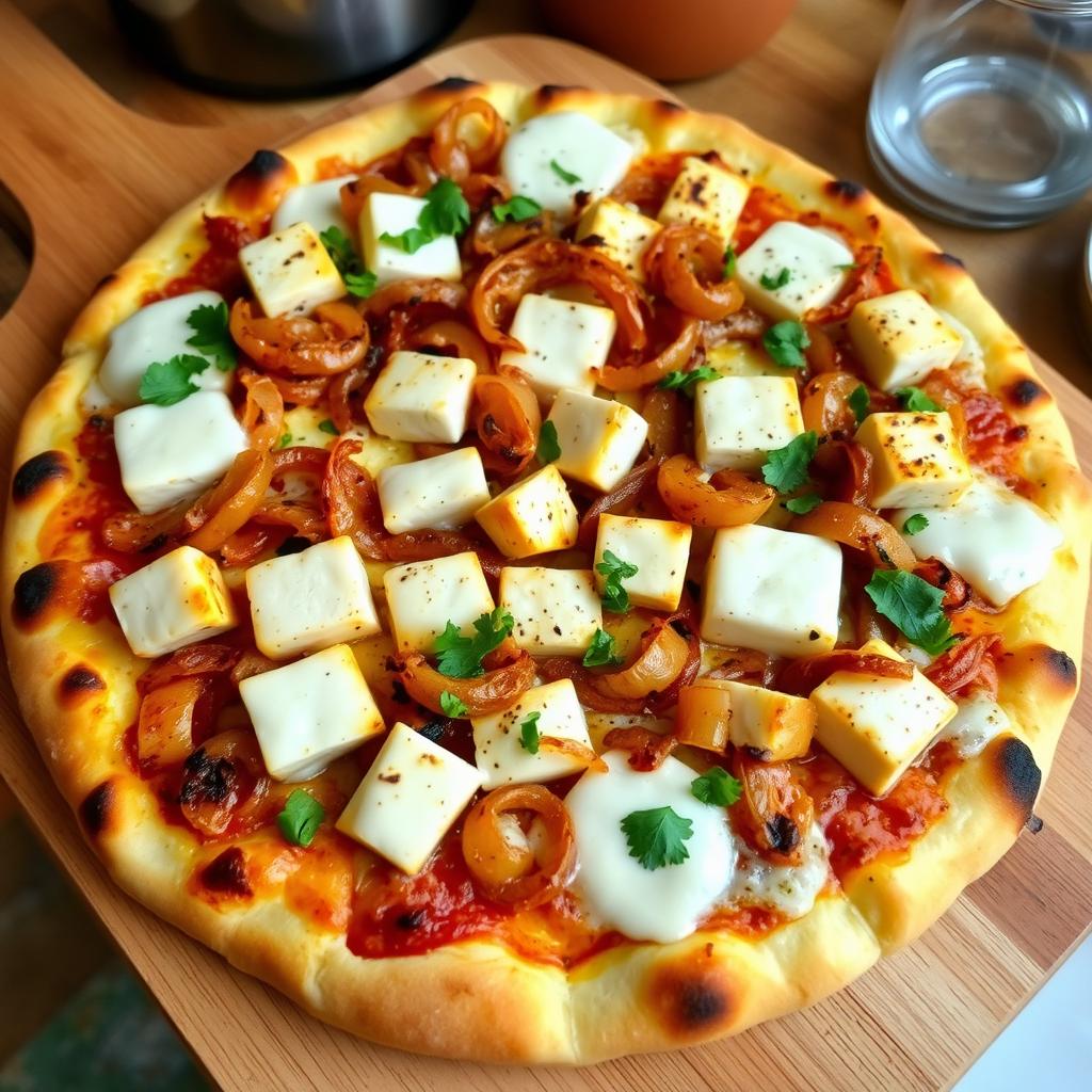 A delicious pizza showcasing a perfect combination of soft paneer cubes and crunchy, caramelized onions, all generously topped with gooey mozzarella cheese