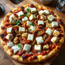A delicious pizza showcasing a perfect combination of soft paneer cubes and crunchy, caramelized onions, all generously topped with gooey mozzarella cheese