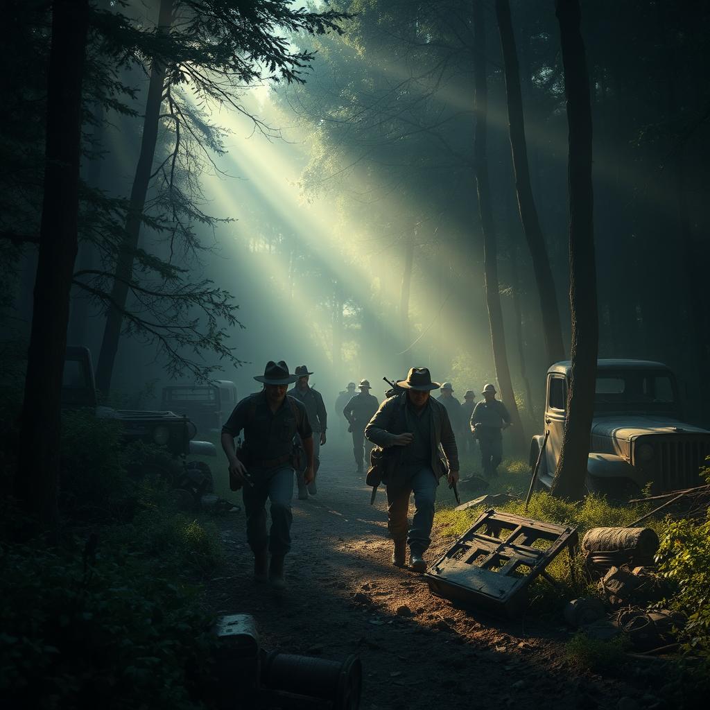 A thrilling adventure scene set against the backdrop of World War II, featuring a group of treasure hunters navigating through a dense, misty forest