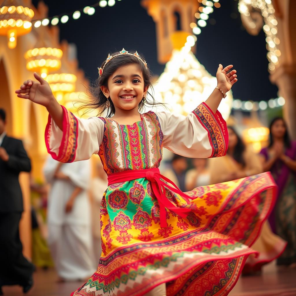 A vibrant, joyous scene of a young Arabian girl dancing gracefully, dressed in a colorful traditional outfit that features intricate patterns and elegant fabrics