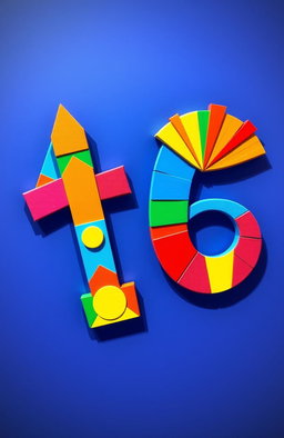 The number 16 artistically designed in a vibrant and colorful style, incorporating a blend of bold geometric shapes and patterns