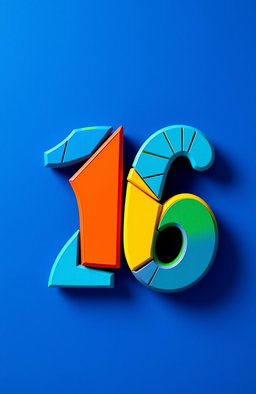 The number 16 artistically designed in a vibrant and colorful style, incorporating a blend of bold geometric shapes and patterns