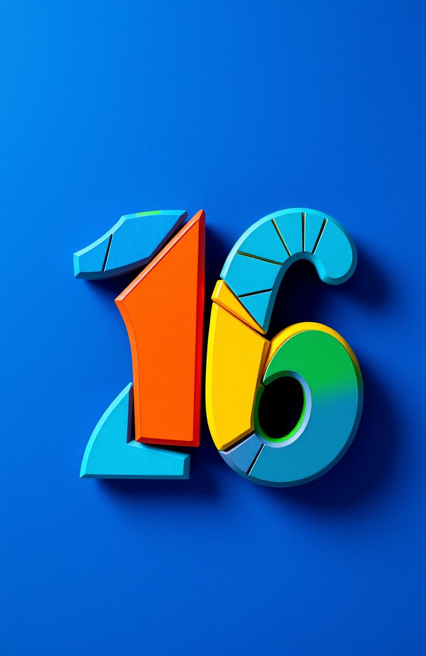 The number 16 artistically designed in a vibrant and colorful style, incorporating a blend of bold geometric shapes and patterns