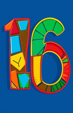 The number 16 artistically designed in a vibrant and colorful style, incorporating a blend of bold geometric shapes and patterns