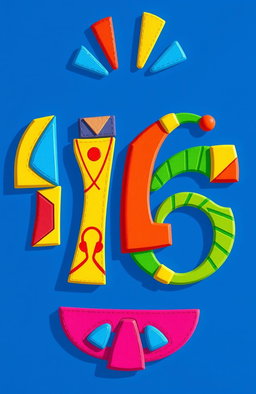 The number 16 artistically designed in a vibrant and colorful style, incorporating a blend of bold geometric shapes and patterns