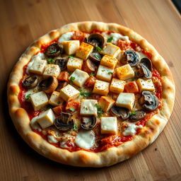 A mouth-watering pizza showcasing succulent paneer cubes combined with tender, sautéed mushrooms, all layered on a perfectly baked golden-brown crust