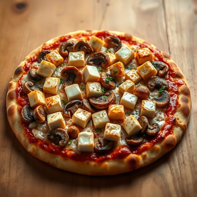 A mouth-watering pizza showcasing succulent paneer cubes combined with tender, sautéed mushrooms, all layered on a perfectly baked golden-brown crust