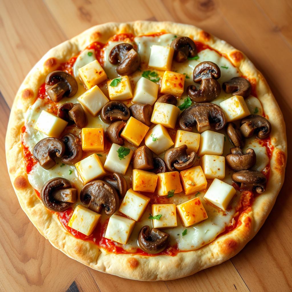 A mouth-watering pizza showcasing succulent paneer cubes combined with tender, sautéed mushrooms, all layered on a perfectly baked golden-brown crust