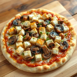 A mouth-watering pizza showcasing succulent paneer cubes combined with tender, sautéed mushrooms, all layered on a perfectly baked golden-brown crust