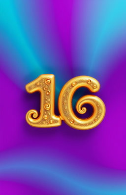 The number 16 represented in a funky, artistic style, crafted with a luxurious gold finish that gleams and sparkles