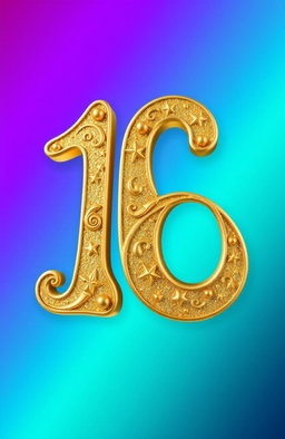 The number 16 represented in a funky, artistic style, crafted with a luxurious gold finish that gleams and sparkles