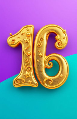 The number 16 represented in a funky, artistic style, crafted with a luxurious gold finish that gleams and sparkles