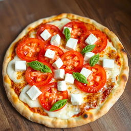 A freshly baked pizza featuring juicy, ripe tomatoes sliced and arranged generously on top, accompanied by soft, creamy cubes of paneer cheese