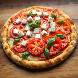 A freshly baked pizza featuring juicy, ripe tomatoes sliced and arranged generously on top, accompanied by soft, creamy cubes of paneer cheese