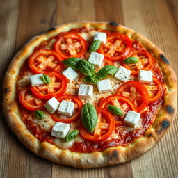 A freshly baked pizza featuring juicy, ripe tomatoes sliced and arranged generously on top, accompanied by soft, creamy cubes of paneer cheese