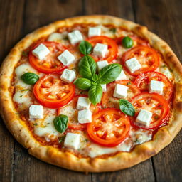 A freshly baked pizza featuring juicy, ripe tomatoes sliced and arranged generously on top, accompanied by soft, creamy cubes of paneer cheese
