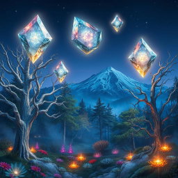 A fantastical scene depicting the mystical shards of Eternis, shimmering with ethereal colors like blues, purples, and golds