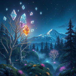 A fantastical scene depicting the mystical shards of Eternis, shimmering with ethereal colors like blues, purples, and golds