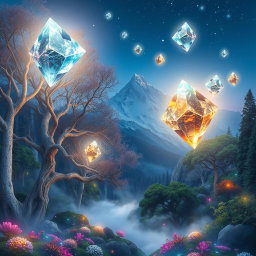 A fantastical scene depicting the mystical shards of Eternis, shimmering with ethereal colors like blues, purples, and golds