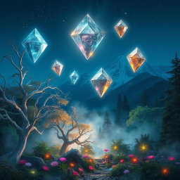 A fantastical scene depicting the mystical shards of Eternis, shimmering with ethereal colors like blues, purples, and golds
