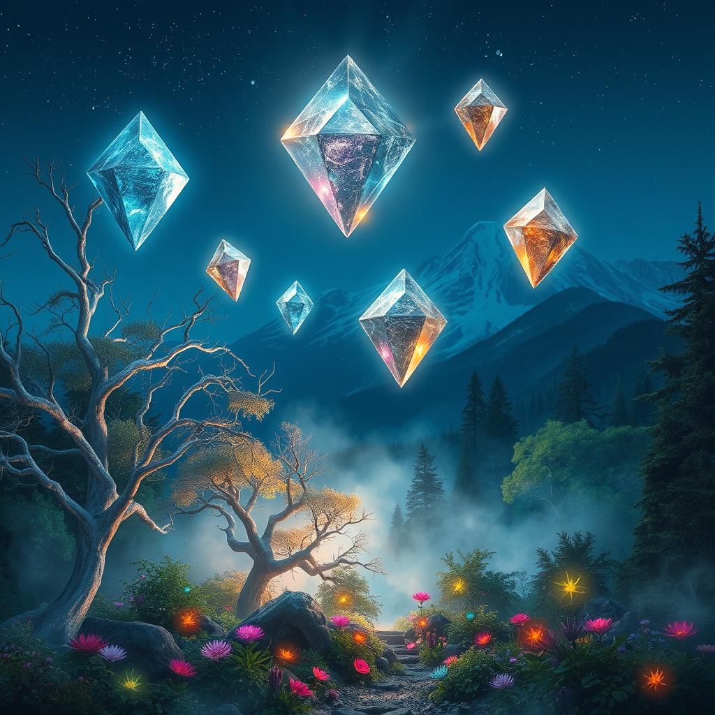 A fantastical scene depicting the mystical shards of Eternis, shimmering with ethereal colors like blues, purples, and golds