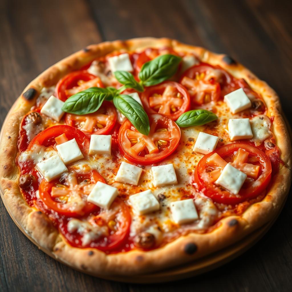 A vibrant pizza topped with juicy, ripe tomatoes sliced generously, paired with soft, creamy cubes of paneer cheese, giving it a delightful texture
