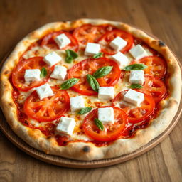 A vibrant pizza topped with juicy, ripe tomatoes sliced generously, paired with soft, creamy cubes of paneer cheese, giving it a delightful texture