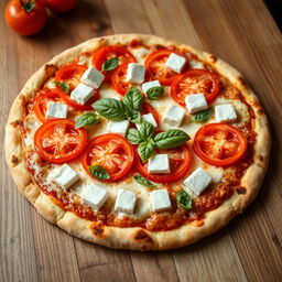 A vibrant pizza topped with juicy, ripe tomatoes sliced generously, paired with soft, creamy cubes of paneer cheese, giving it a delightful texture
