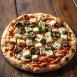 A perfectly baked pizza that showcases succulent paneer cubes paired with tender, sautéed mushrooms, all sitting atop a beautifully golden-brown crust