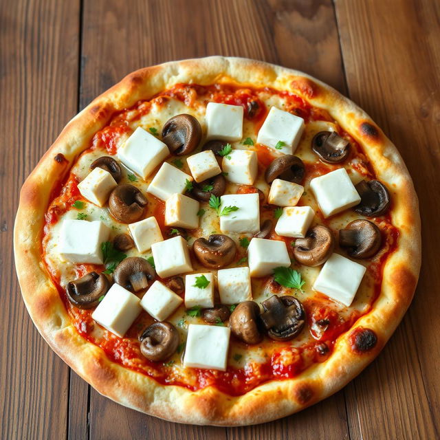 A perfectly baked pizza that showcases succulent paneer cubes paired with tender, sautéed mushrooms, all sitting atop a beautifully golden-brown crust